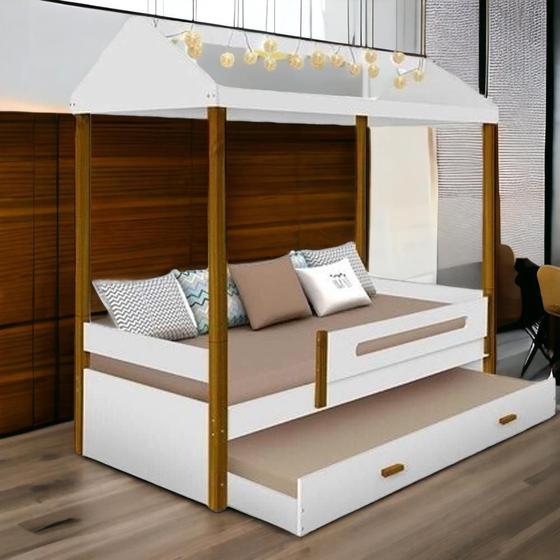 Imagem de Cama Casa Solteiro Lara Branca com LED, Aux, e 02 Colchões