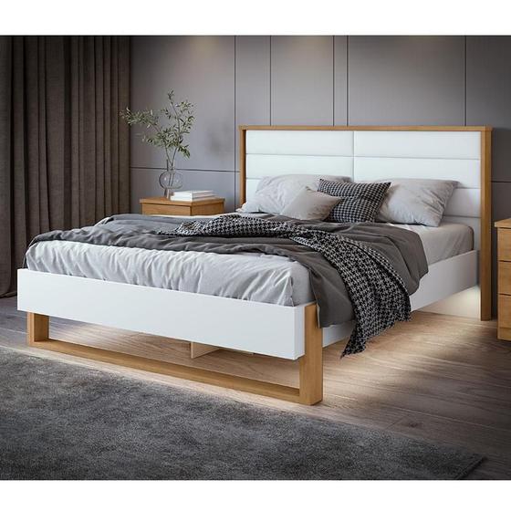 Cama Casal Ambiente Freetown 160 Branco Amêndoa Clean com Led - Lopas Menor preço em Cama Casal Ambiente Freetown 160 Branco Amêndoa Clean com Led - Lopas