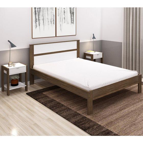 Imagem de Cama Casal CM8005 E 02 Mesas De Cabeceira AZ1016 QT3 Nogal Branco Tecno Mobili