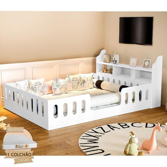 Imagem de Cama Casal Design Montessoriana Helo com Nicho e Colchão D28 Branca - Divaloto Móveis