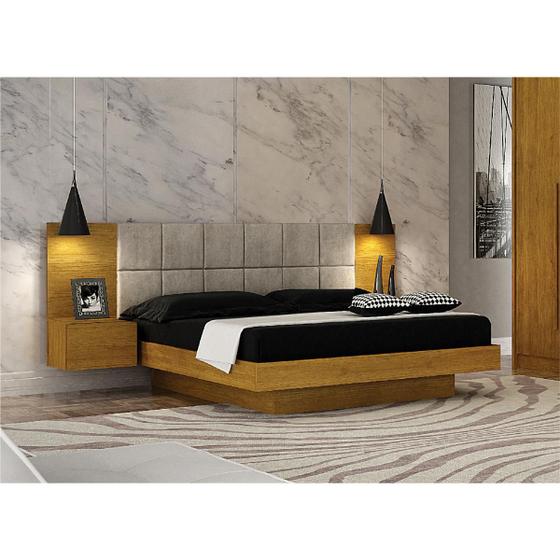 Imagem de Cama casal Queen Size Braga com Painel Estofado 2 Mesa De Cabeceira Suspensa Joli Camurça- Leifer