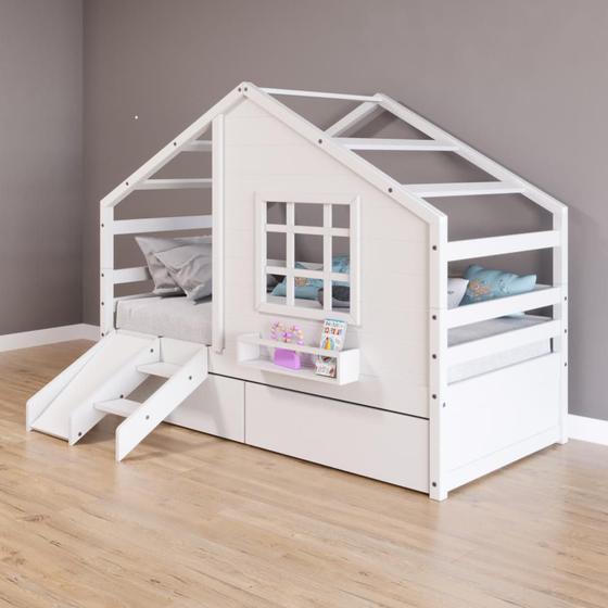 Imagem de Cama Casinha com Janela com 02 Gavetas e Escada/Escorregador Madeira Maciça Branco Housin