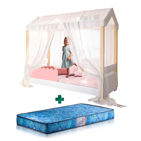 Imagem de Cama Casinha Com Proteção Rose E Voal Branco Solteiro Jhulia Divaloto Com Colchão Gazin