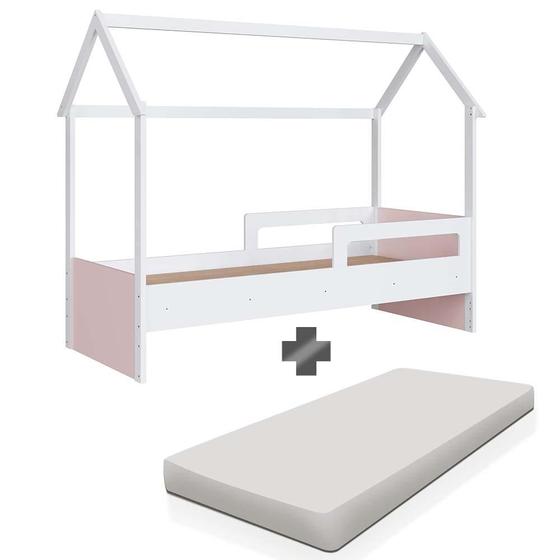 Imagem de Cama Casinha Montessoriana com Colchão Solteiro - Branco/Rosa