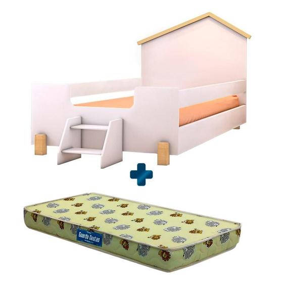 Imagem de Cama Casinha Montessoriana Infantil Com Escadinha Branco Ayla Divaloto Com Colchão Probel