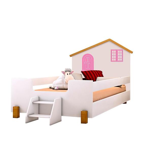 Imagem de Cama Casinha Montessoriana Infantil Com Escadinha Branco Rosa Belíssima Divaloto