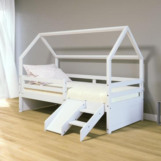 Imagem de Cama Casinha Slim RB com Kit Escada/ Escorregador e Grade de Proteção Branco Housin