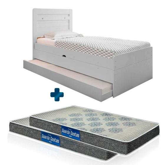 Imagem de Cama Com Baú Solteiro Com Auxiliar Larissa Branco Framar Com 2 Colchões Probel D20