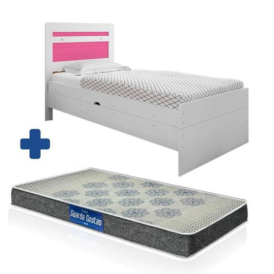 Imagem de Cama Com Baú Solteiro Larissa Branco Rosa Framar Com Colchão Probel D20