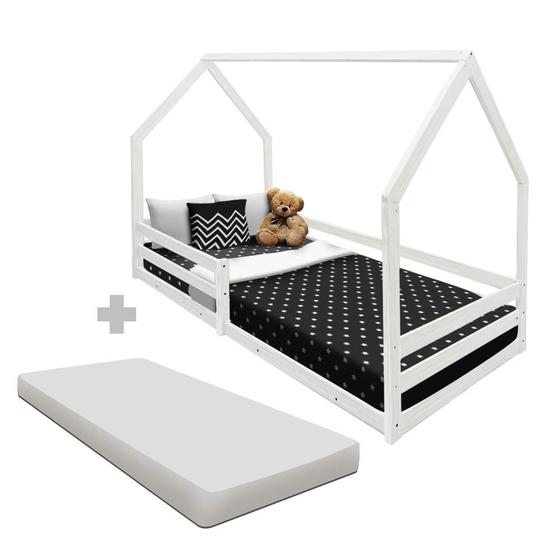 Imagem de Cama Com Colchão Solteiro Montessoriana Casinha Madeira Maciça Branco Amore Shop JM