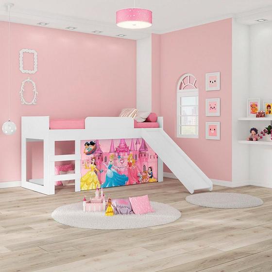 Imagem de Cama com Escorregador Joy com Cortina Princesas Disney Pura Magia Branco/Rosa