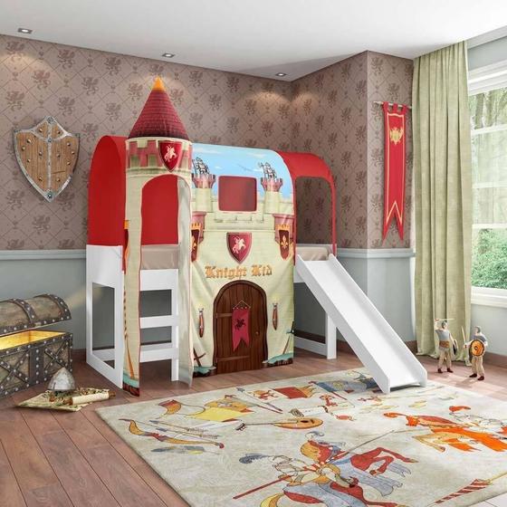 Cama com Escorregador Joy com Dossel Forte 1 Torre e Luz de LED Pura Magia Branco/Vermelho/Azul Imagem de Cama com Escorregador Joy com Dossel Forte 1 Torre e Luz de LED Pura Magia Branco/Vermelho/Azul