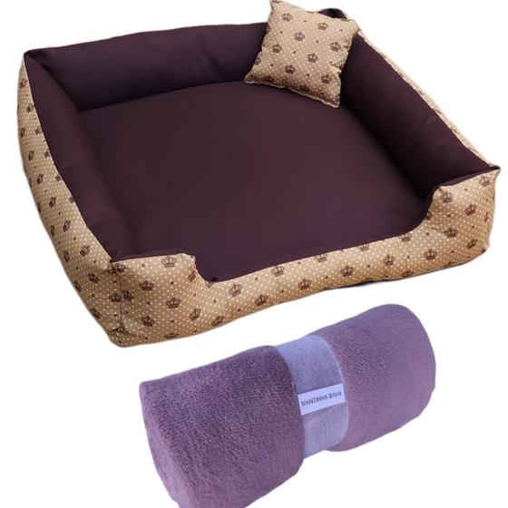 Imagem de cama de cachorro  cama G 70x70cm cama pra cachorro até 15kg + manta ( marrom coroinhas)