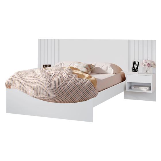 Imagem de Cama de Casal 100% MDF Com Mesa de Cabeceira 2 Gavetas e 2 Nichos Branco Madeirado - Zara - Robel Móveis