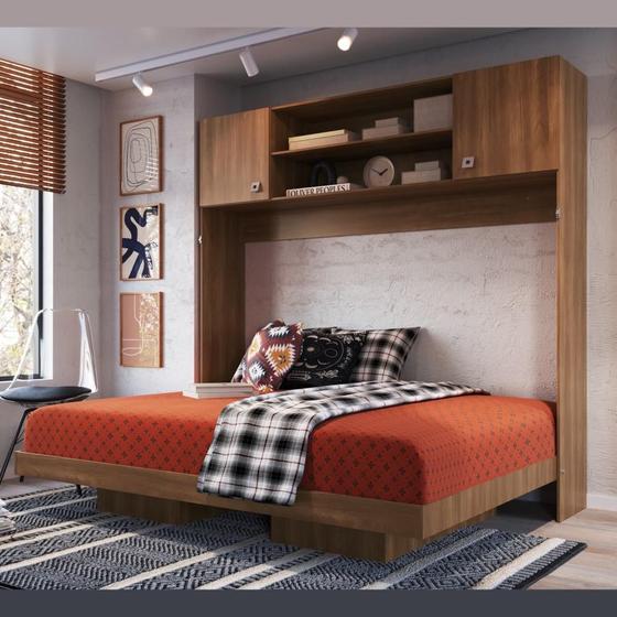 Imagem de Cama de Casal Articulável Horizontal com Armário Aéreo Dallas Art In Móveis Marrom