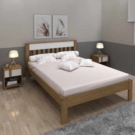 Imagem de Cama de Casal com Cabeceira Ripada - Amêndoa/Branco