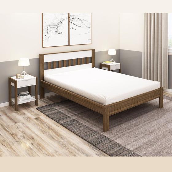 Imagem de Cama de Casal Grande 196 cm Com Cabeceira Vazada Quarto Adulto Nogal Marrom Madeira Branco