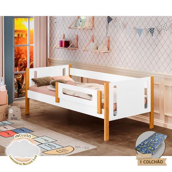 Imagem de Cama de Criança Infantil com Colchão Mirela com Grade de Proteção Branco/amêndoa Luminária Led