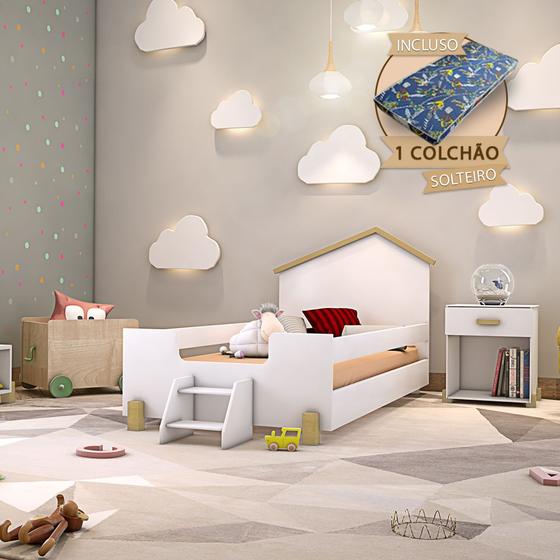 Imagem de Cama de Criança Infantil Montessoriana com Colchão e Escadinha Solteiro Ayla - Branca e Natural
