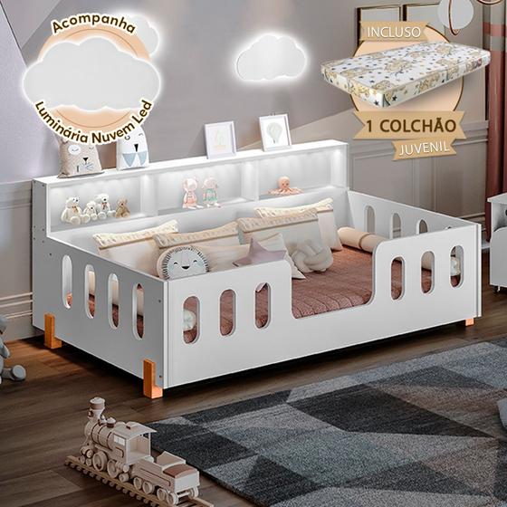 Imagem de Cama de Criança Infantil Montessoriana com Colchão Juvenil Led e Nicho Nina Branca Acompanha Luminár
