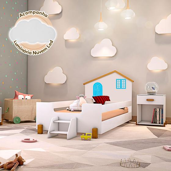 Imagem de Cama de Criança Infantil Solteiro Belissima Azul - Branco e Amêndoa Luminária Led