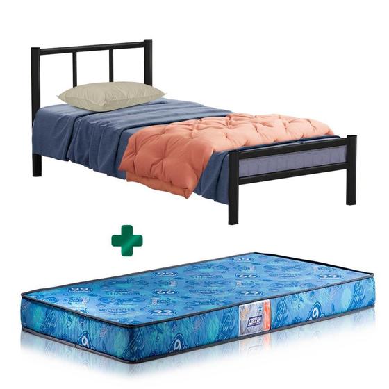 Imagem de Cama De Ferro Tubular Solteiro 88 Resistente Laís Preto Primoart Com Colchão Gazin