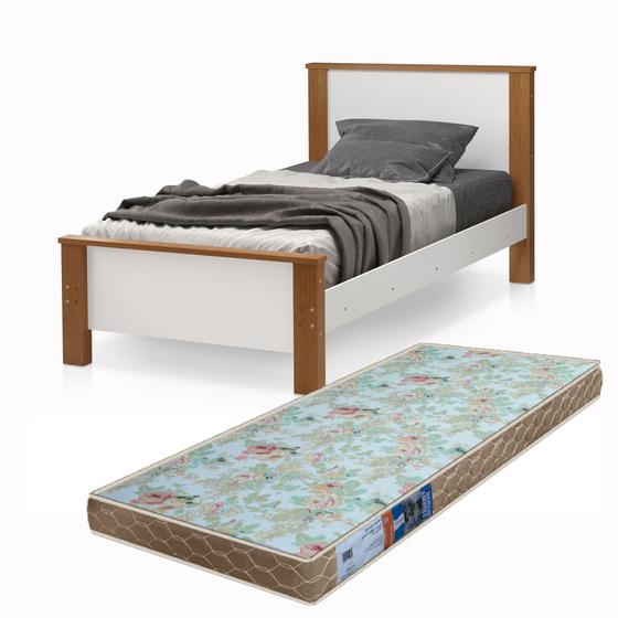Imagem de cama de quarto moderna mdf com pé e estrado de madeira já com colchão D23 88cm de largura branco/amendoa