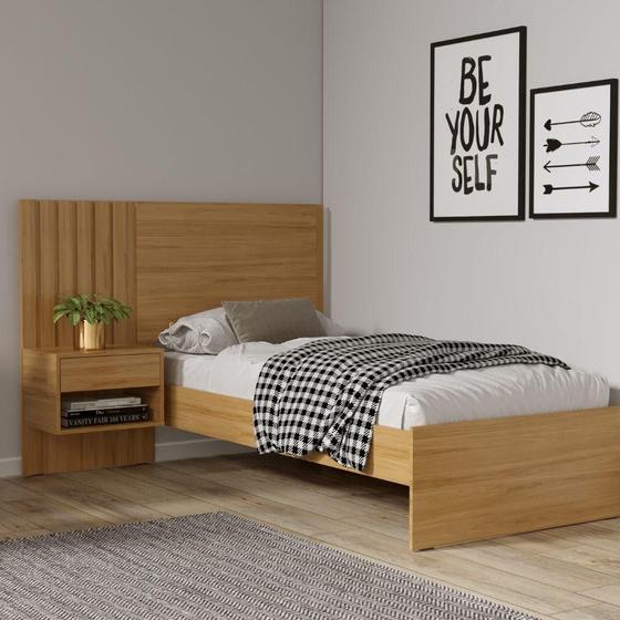 Imagem de Cama de Solteiro com Cabeceira Ripada com 1 Mesa e Gaveta Zara Shop Jm Camaru