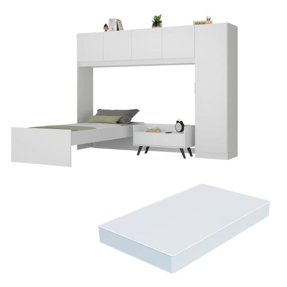 Imagem de Cama de Solteiro com Colchão/Guarda Roupa/Mesa de Cabeceira Retrô Dublin Multimóveis MP4037 Bca/Pta