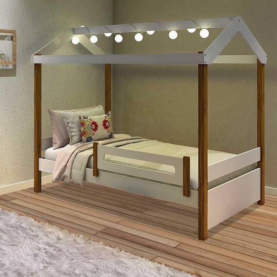 Imagem de Cama De Solteiro Com Led Casinha Montessoriana Elis Divaloto Branco E Mel