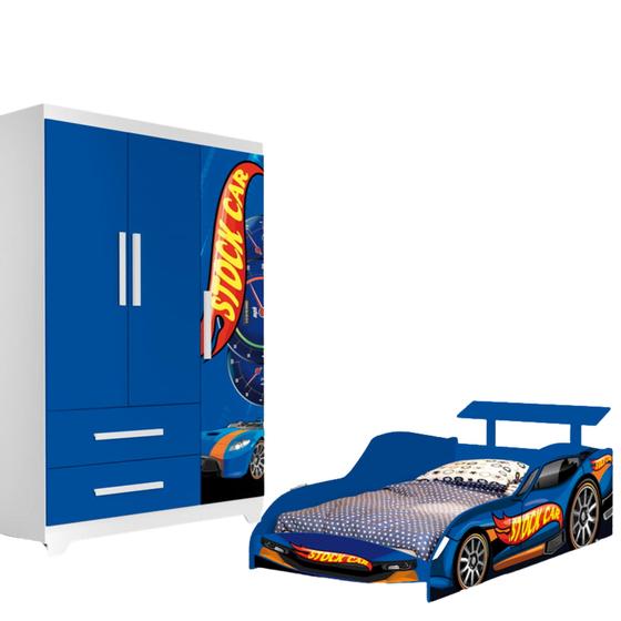 Imagem de Cama E Guarda Roupa Solteiro  Carro Stock Car Azul menino para quarto Criança Portas e gavetas cama resistente decorativa