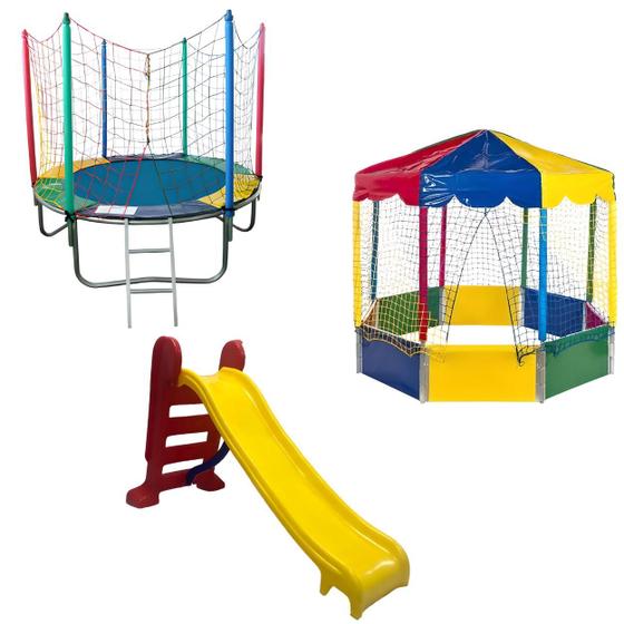 Imagem de Cama Elástica Pula Pula Trampolim 1,83m + Piscina de Bolinhas Oitavada 2,00m Picadeiro + Escorregador Médio