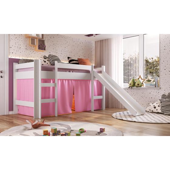 Imagem de Cama Elevada com Escorregador BB1000BCRS Branco com Cortina Rosa Completa Móveis