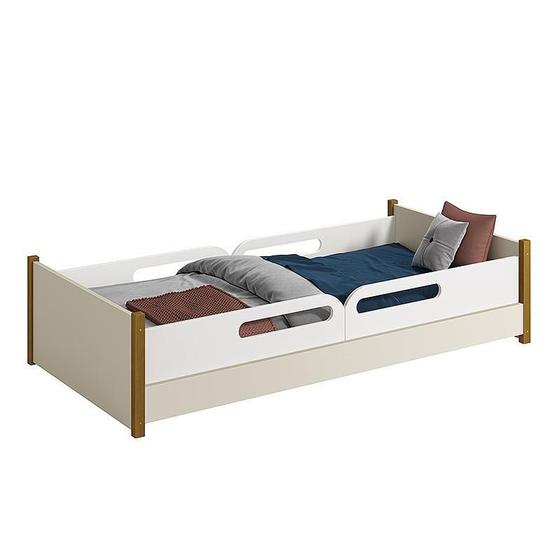 Imagem de Cama Evolutiva Ravi Areia Fosco com Pés Amadeirado e 2 Kits Proteção Lateral Usinada - Reller Móveis