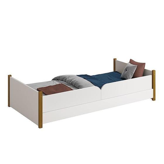 Imagem de Cama Evolutiva Ravi Branco com Pés Amadeirado, Proteção Lateral Lisa e Colchão D20 - Reller Móveis