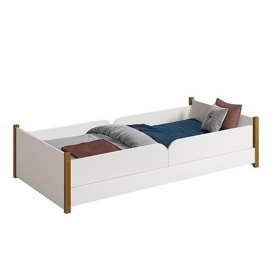 Imagem de Cama Evolutiva Ravi Branco Fosco com Pés Amadeirado e 2 Kits Proteção Lateral Lisa - Reller Móveis