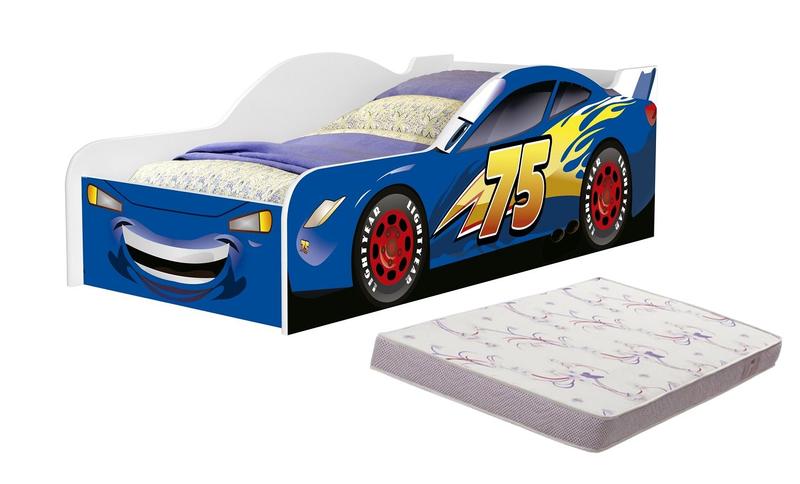 Imagem de cama infantil 08 azul adesivada com proteção lateral para quarto de menino MDF com colchão juvenil