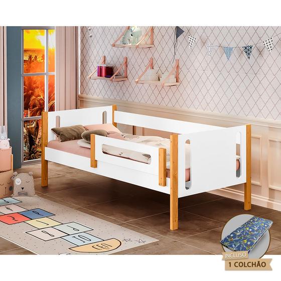 Imagem de Cama Infantil Babá Montessoriana com Colchão Mirela com Grade de Proteção - Branco/amêndoa 