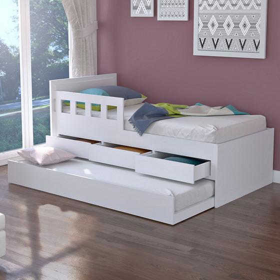 Imagem de Cama Infantil Bicama 3 Gavetas Com Grade 100% Mdf 907910 Branco - Foscarini