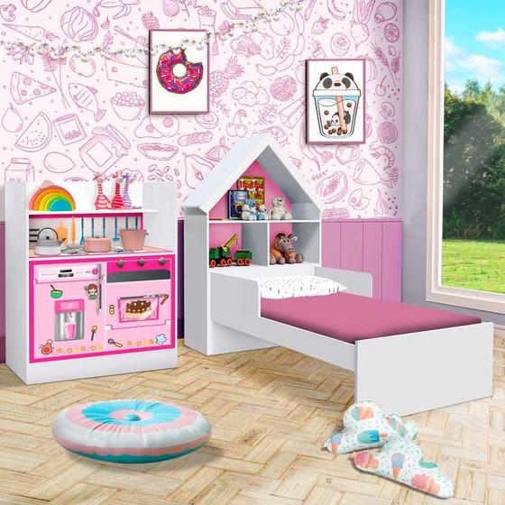 Imagem de Cama Infantil Branca Com Cozinha Infantil MDF Rosa Pink Magia Gabrielli Móveis
