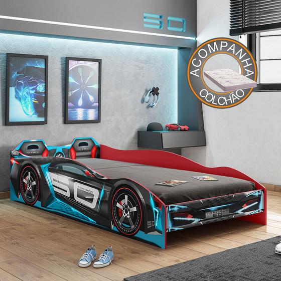 Imagem de Cama Infantil Carro Tornado Plus Preto Azul Pura Magia + Colchão Ortobom