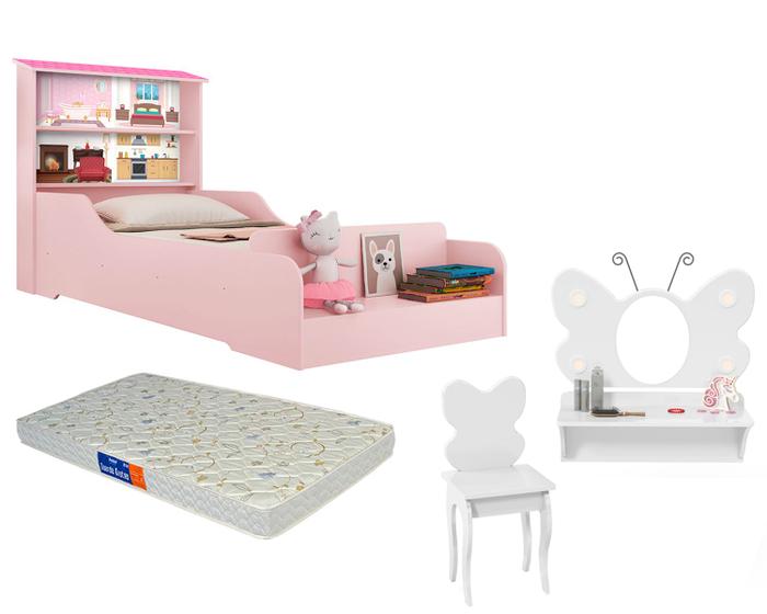 Cama Infantil Casinha de Boneca Rosa com Colchão Penteadeira Camarim ...