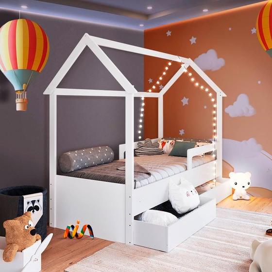 Imagem de Cama Infantil Com 2 Gavetas Solteiro Casinha Branco Carrossel Shop JM