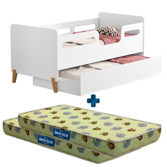 Imagem de Cama Infantil Com Auxiliar Branco Cecilia Vj Móveis Com 2 Colchões Probel