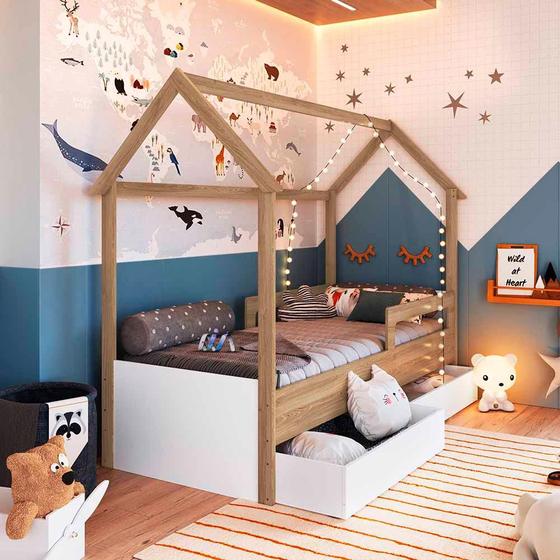 Imagem de Cama Infantil com Gavetas - Aveiro Oak Branco