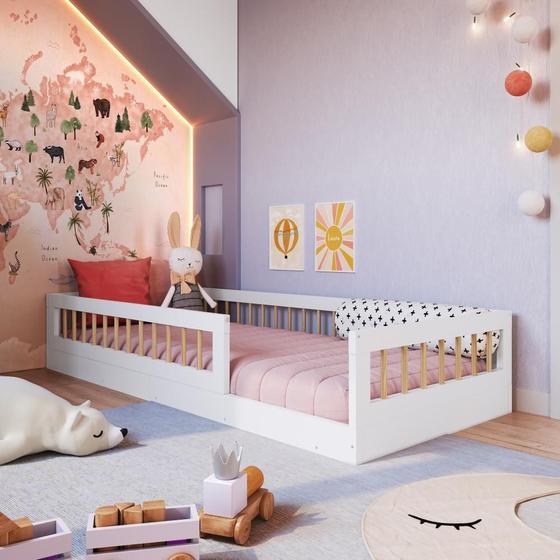 Imagem de Cama Infantil de Chão Montessoriana Menino Menina Solteiro 195cm com Grade Proteção