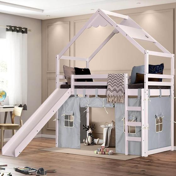 Imagem de Cama Infantil Divertida Altura 125cm com Escorregador, Telhado Lua e Tenda Branco/Cinza - Casatema