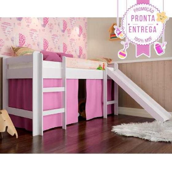 Imagem de Cama Infantil Elevada C/ Escorregador Cortina Rosa - Branco