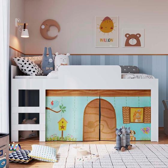 Imagem de Cama Infantil Elevada Com Cabaninha Solteiro Branco Alegria Art In Móveis