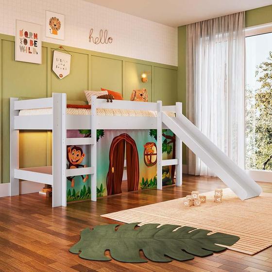 Imagem de Cama Infantil Elevada com Escorregador Branco com Cortina Estampada Zoo Estampado